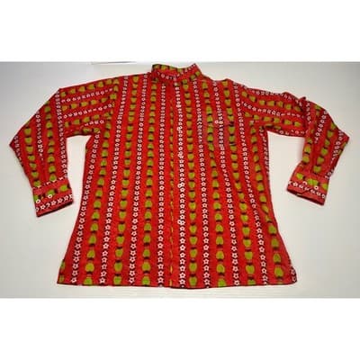 Vintage 70s Apple Flower Print Shirt Nylon Mod Novelty Band Collar Red Orange L
