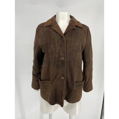 Womens Vintage Brown Suede Leather Jacket Zip Out Lining 70s M Button Up Blazer
