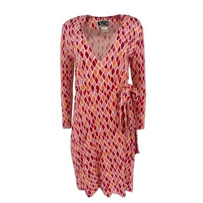 Vintage DVF Silk Wrap Dress Pink Orange Ikat Quatrefoil Print worn on Buffy sz 4