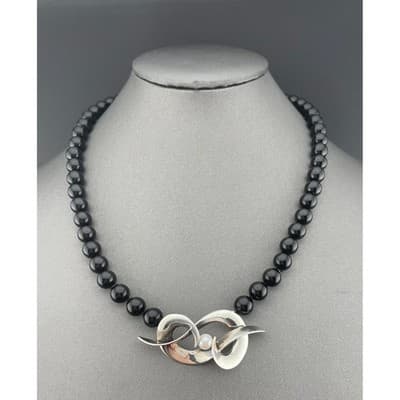 Vintage modernist sterling and onyx bead necklace w/ pearl accent artisan 80s
