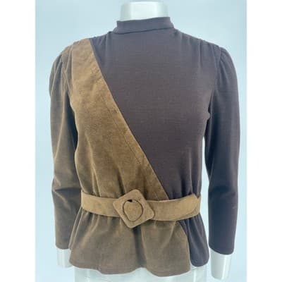 Vintage Brown Suede Wool Belted Peplum Top Blouse Womens S 70s 80s belt AS IS