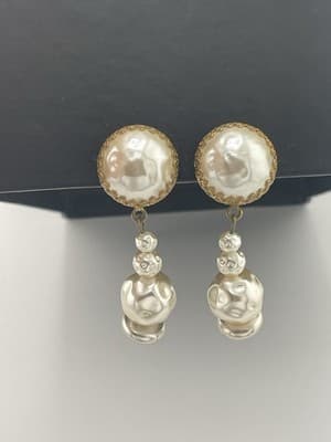 Miriam Haskell Earrings Faux Baroque Pearl Drop Dangle Clip On Russian Gold VTG