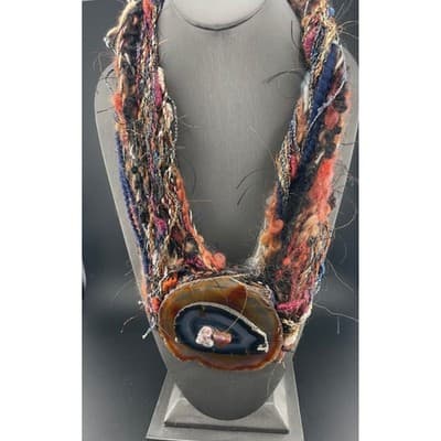 Artisan Agate Slice Necklace Fiber Textile Wearable Art Statement Avant Garde