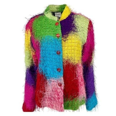 Vintage 90s Florissant NY Rainbow Eyelash Fiber Patchwork Jacket Avant Garde L