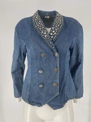 Vintage 80’s Denim Jacket Bling Rhinestones Studs Women Double Breasted Sz S M