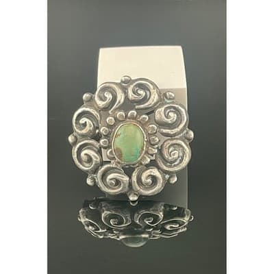 Antique Sterling Silver Turquoise Spiral Brooch Early 1900s Southwest Style