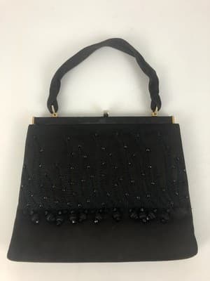 Vintage 50's/60's Beaded Fringe Purse Evening Bag Chocolate Brown & Black Spain