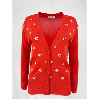 Vintage 70s Orange Graphic Dot Cardigan ILGWU Mod Knit Fitted Small Medium USA