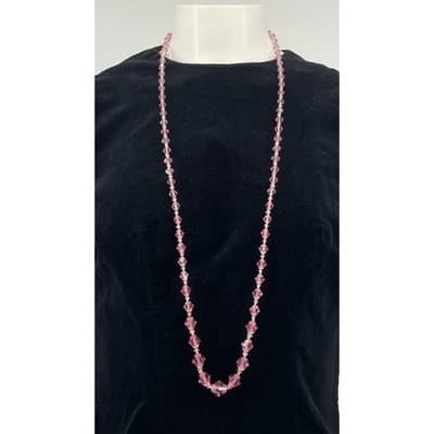 Vintage Pink Glass bicone Bead Necklace Long Graduated Faceted 41" Opera length