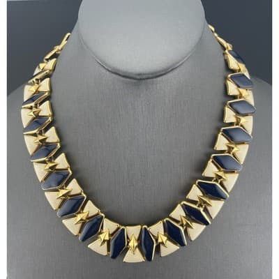 Vintage Monet Enamel Panel Necklace Navy Ivory Gold Tone Statement Collar 1980's