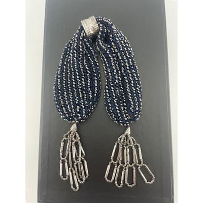 Antique Victorian Miser's Purse Steel Cut Beaded Knit Reticule W/ ring Navy blue