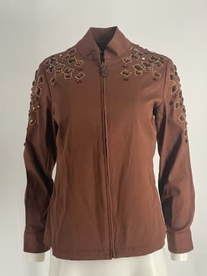 Bob Mackie Wearable Art Women’s Jacket Brown Zip Up Rhinestones Bling Size XS
