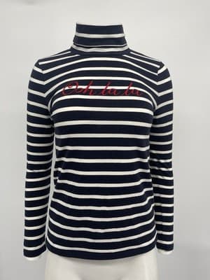 Talbots Long Sleeve Tee Stripe Ooh La La Embroidered Navy White Red Petite SP