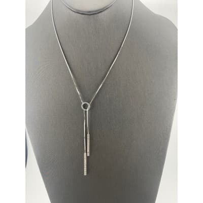 Sterling Silver CZ Lariat Y Necklace Adjustable Box Chain Pavé Bar Drop Pendant