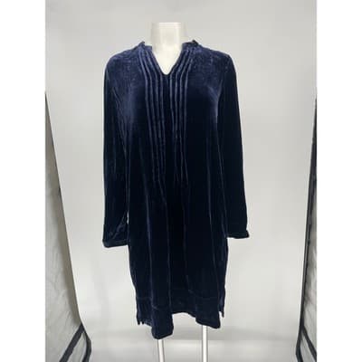 Sundance Velvet Pleated V Neck Long Sleeve Tunic Dress Navy Blue XS Enchantment