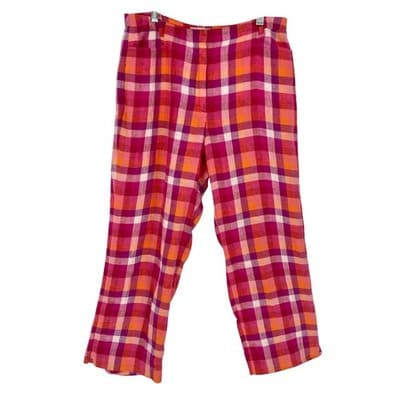 Escada Sport Linen Madras Capri Pants Pink Orange Plaid Size 34 XS S Vintage