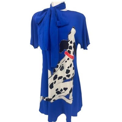 Vintage Yolanda Lorente Silk Dalmatian Dress Cobalt Blue Artwear Scarf 80s 90s