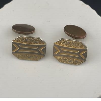 Gold Filled Art Deco Cufflinks Two Tone Etched Engine Turn Geometric Swivel Back