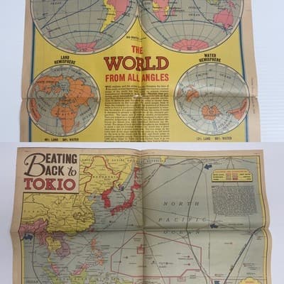 1943 WWII Color Map Pacific Theater "Beating Back to Tokyo" World Maps Newspaper
