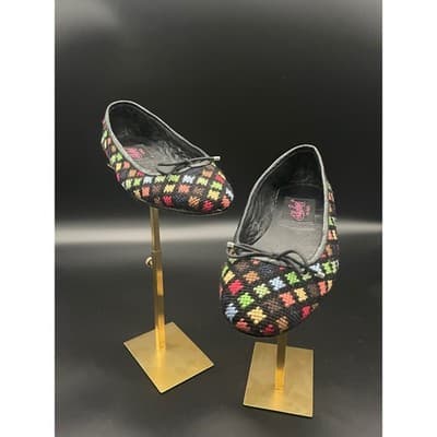 By Paige Embroidered Wool Ballet Flats Leather Trim Rainbow Needlepoint Shoe 8.5