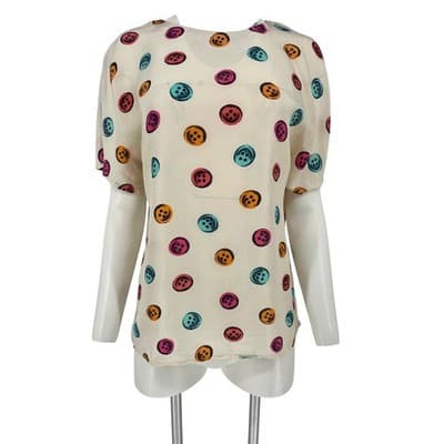 Vintage 1980s Silk Trompe L'Oeil Button Print Colorful Blouse Pop Art Top M/L