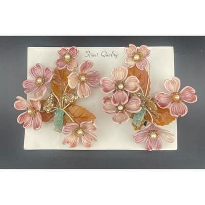 Vintage Lucite Floral Clip Earrings Pink Carved Flowers Beaded 3" ear climbers