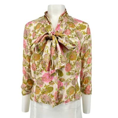 Vintage Adelaar Silk Floral Pussy Bow Blouse 40s 50s Pink Green Romantic Top