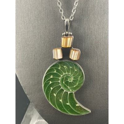 Sterling Nautilus Shell Pendant Studio Artisan Glitter MOP Statement Necklace