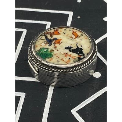 Vintage 800 Silver Persia Hand Painted Bone Pill Box Hunting Scene Round Trinket