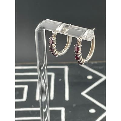 Sterling Silver Garnet Hoop Earrings 925 Marquise Cut Garnets Huggie Hoops
