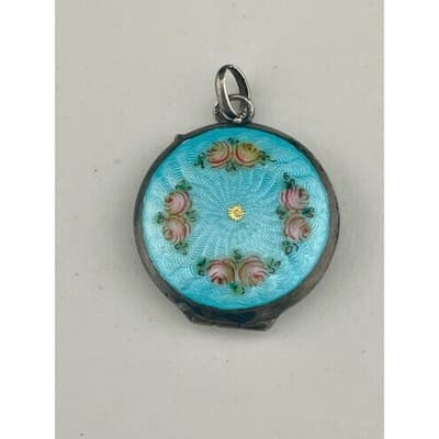 Antique 1920s Sterling Silver Guilloché Enamel Locket Blue Floral Rose Pendant