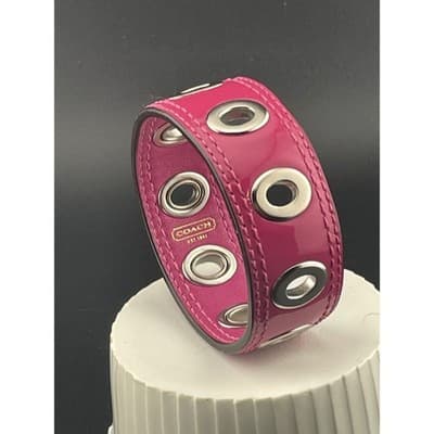 Coach Y2K Hot Pink Patent Leather Grommet Bangle Wide 1" Statement Bracelet vtg