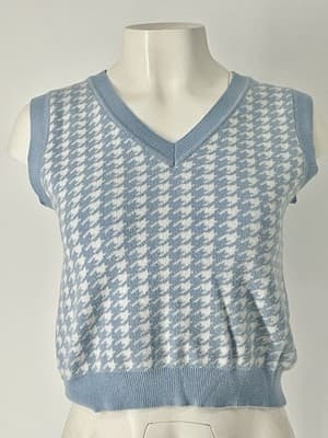 Women’s Pastel Baby Blue Houndstooth cropped Sweater Vest Knit Small White