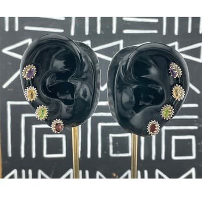 Vintage Sterling Vermeil Gem Stud Earring 4 Pair Amethyst Citrine Garnet Peridot
