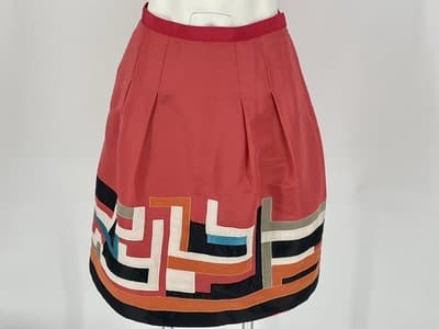 Oscar de La Renta Skirt Embroidered Silk Geometric Coral Size 6 Small A Line