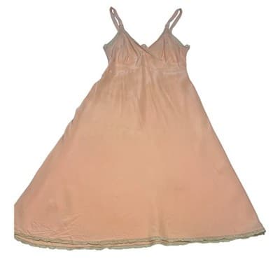 1930s Peach Rayon Slip Dress Embroidered Lace Bias Cut Lingerie Antique Boudoir