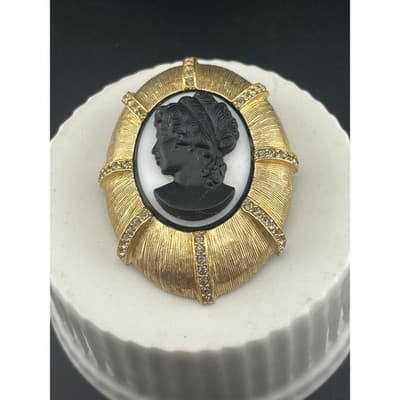 Schrager Large Gold Tone Statement Brooch Black Cameo Rhinestone Sculptural Vtg
