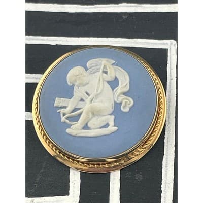 Vintage Van Dell Wedgwood Cupid Jasperware Brooch Pendant GF Blue White Cameo