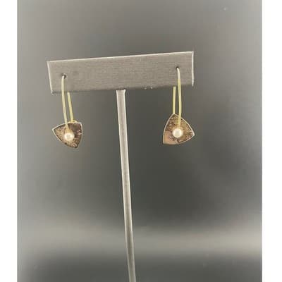 Sterling Silver Modernist Pearl Drop Earrings Mixed Metal Artisan Geo vtg Hoops