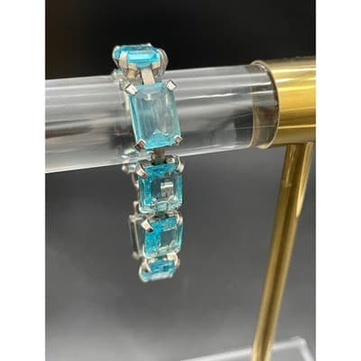 Vintage Aqua Blue Emerald Cut Bracelet Judy Lee Signed Silver Rhinestone Jewelry