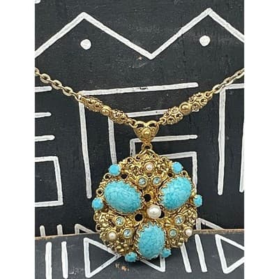 Vintage West Germany Turquoise Glass Statement Necklace Filigree Pendant 1960s