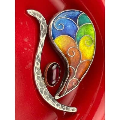 Artisan Sterling Silver Rainbow Enamel Garnet Brooch Abstract Modernist Studio