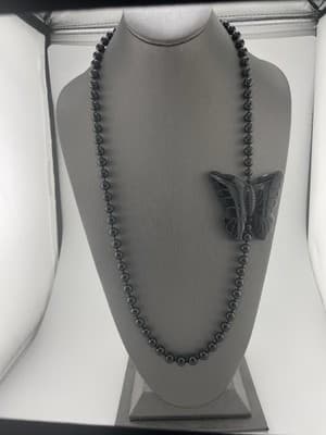 Vintage Mexican Onyx Necklace Black Beaded Carved Butterfly Hand Knotted Estate