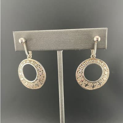 Vintage Sterling Silver Filigree Circle Drop Hoop Clip-On Earrings mid century