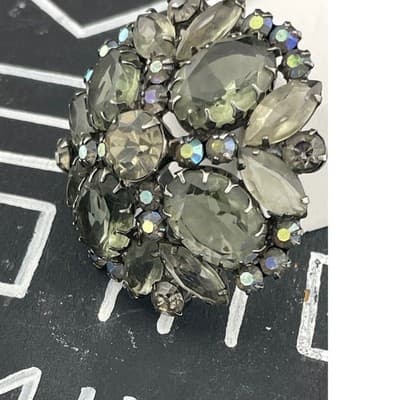 Verified Juliana D&E Brooch #8141 Smoky Gray Rhinestones Gunmetal AB Vintage