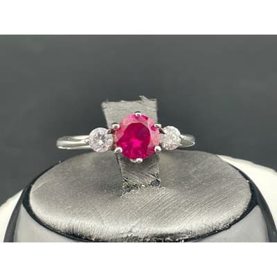 Sterling Silver Lab Ruby Three Stone Ring Size 8 Pink Red Corundum CZ Accent