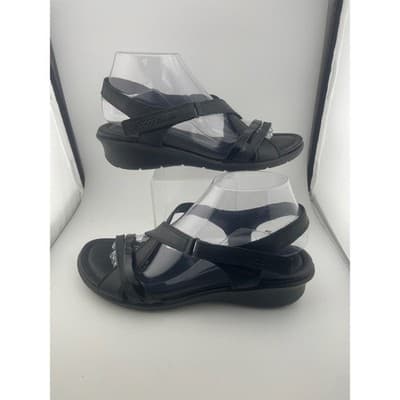 ECCO Felicia Black Leather Adjustable Strap Wedge Sandals Womens Size 40 9-10