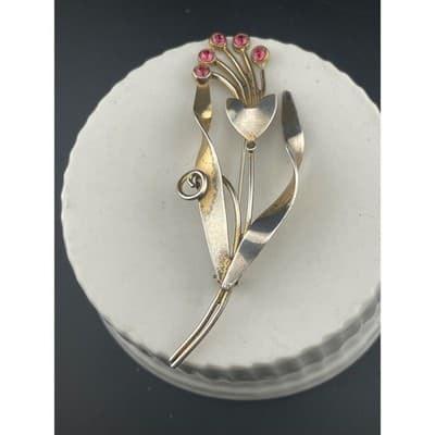 Vintage Sterling Vermeil Modernist Floral Brooch Pink Rhinestone Mid Century Pin