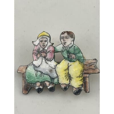 Vintage Czech Figural Brooch Couple on Bench Hand Painted Enamel Pin Vintage