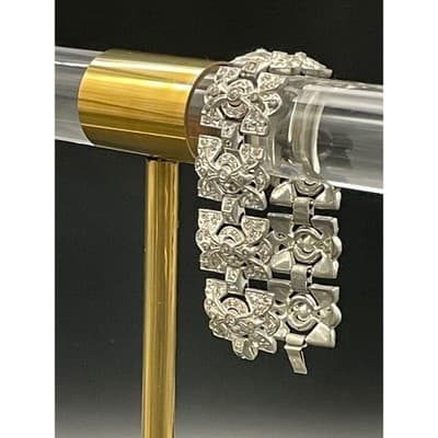 Vintage Art Deco Rhinestone Link Bracelet Silver Tone Geometric Paste Bracelet